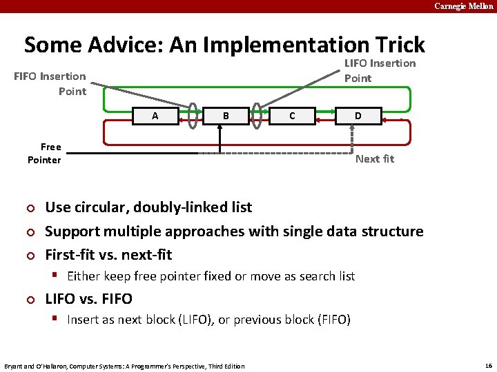 Carnegie Mellon Some Advice: An Implementation Trick LIFO Insertion Point FIFO Insertion Point A