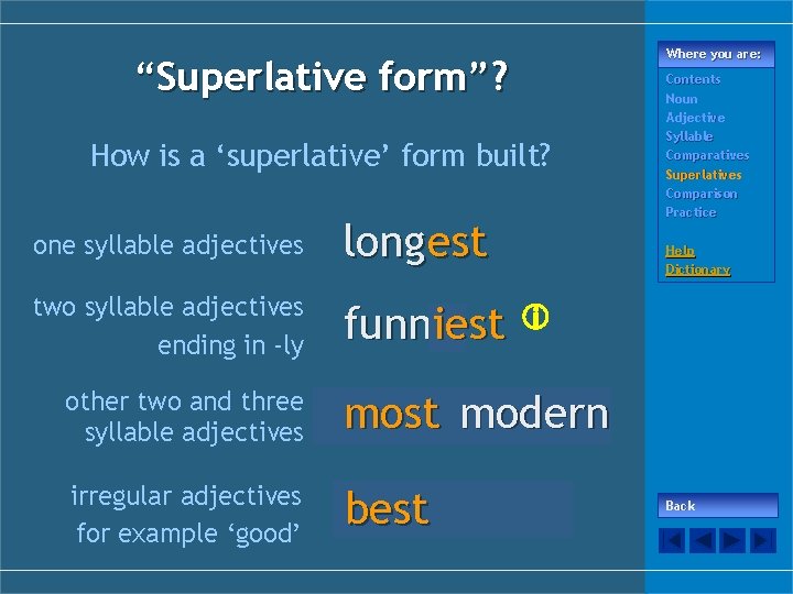 “Superlative form”? How is a ‘superlative’ form built? one syllable adjectives long est two