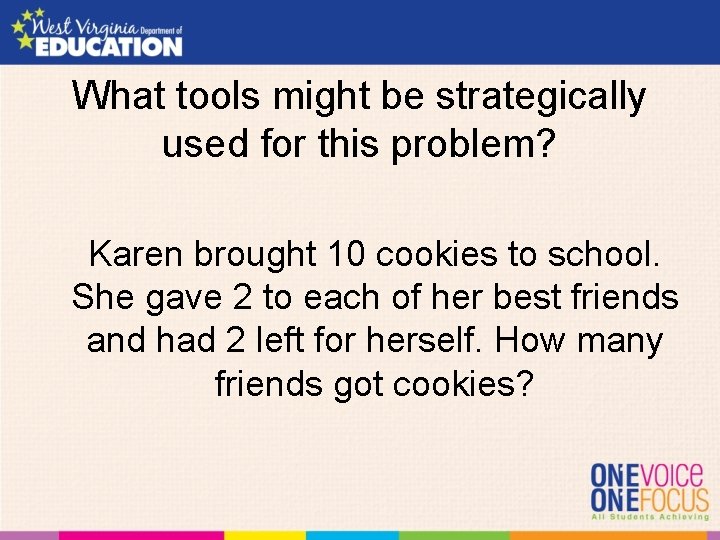 What tools might be strategically used for this problem? Karen brought 10 cookies to