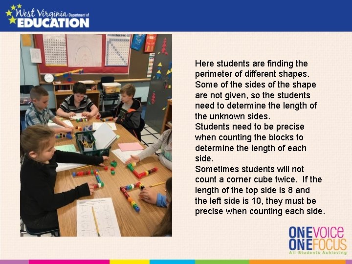 Here students are finding the perimeter of different shapes. Some of the sides of