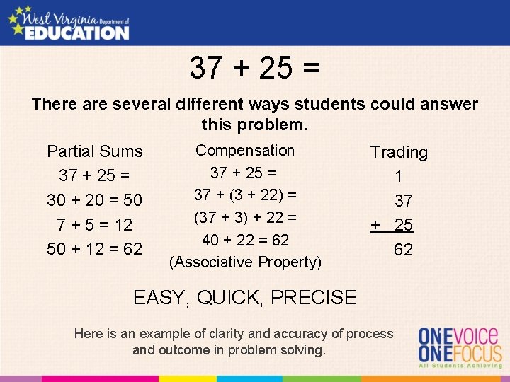 37 + 25 = There are several different ways students could answer this problem.