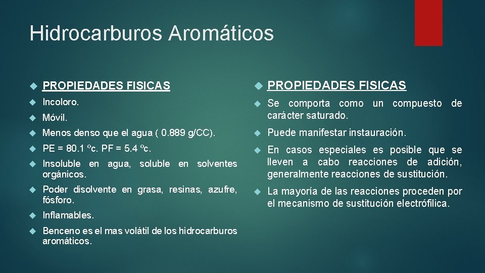Hidrocarburos Aromáticos PROPIEDADES FISICAS Incoloro. Móvil. Se comporta como un compuesto de carácter saturado.