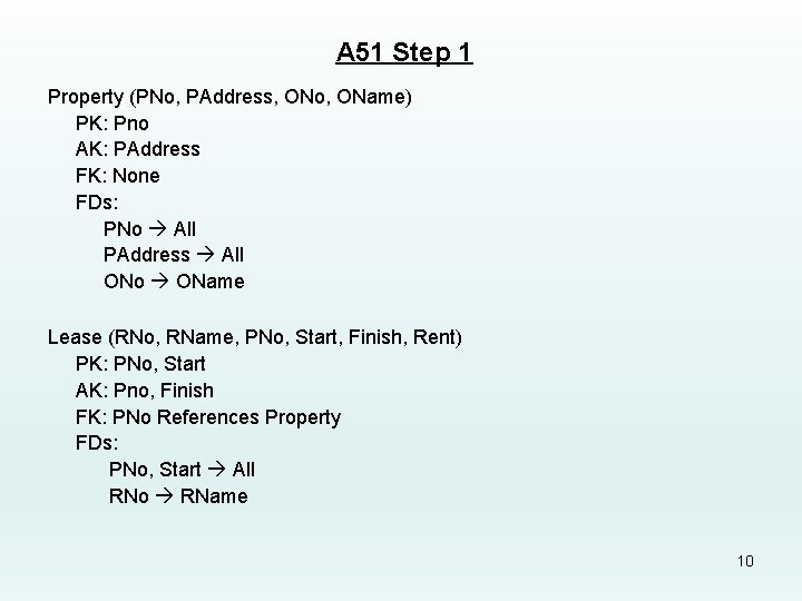 A 51 Step 1 Property (PNo, PAddress, ONo, OName) PK: Pno AK: PAddress FK:
