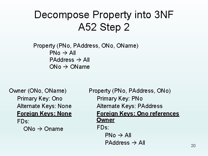 Decompose Property into 3 NF A 52 Step 2 Property (PNo, PAddress, ONo, OName)