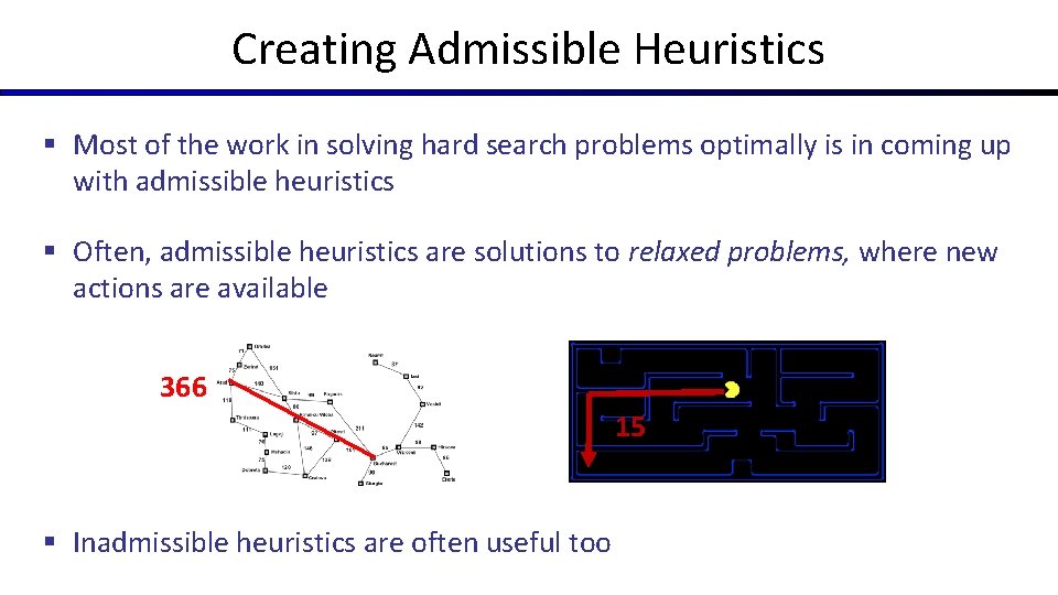 Creating Admissible Heuristics § Most of the work in solving hard search problems optimally