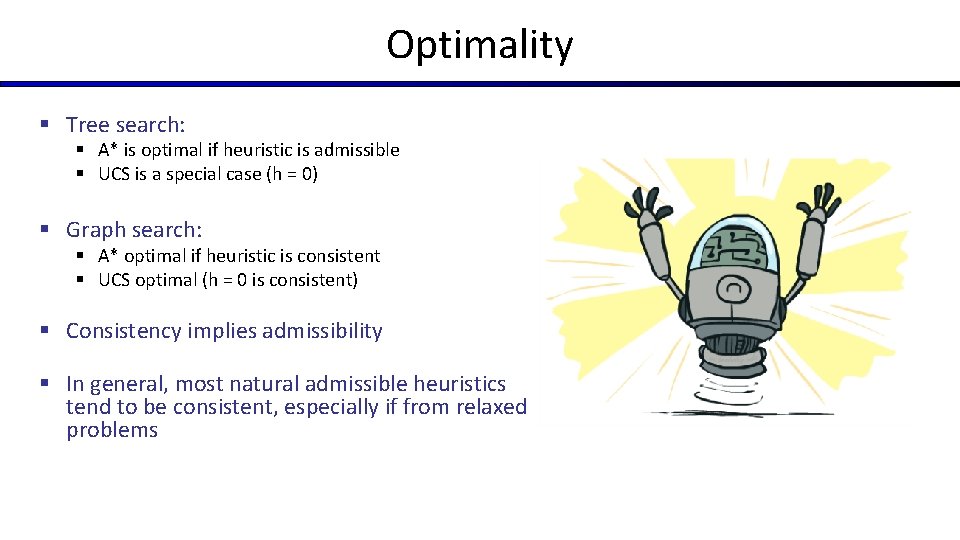 Optimality § Tree search: § A* is optimal if heuristic is admissible § UCS