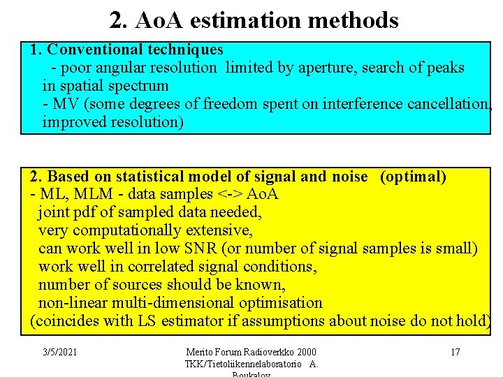 2. Ao. A estimation methods 1. Conventional techniques - poor angular resolution limited by