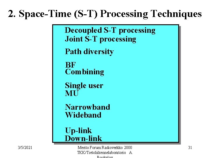 2. Space-Time (S-T) Processing Techniques Decoupled S-T processing Joint S-T processing Path diversity BF