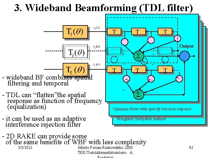 3. Wideband Beamforming (TDL filter) T T T Output - wideband BF combines spatial