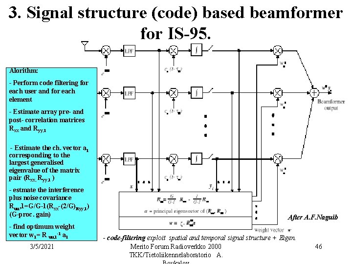 3. Signal structure (code) based beamformer for IS-95. Alorithm: - Perform code filtering for