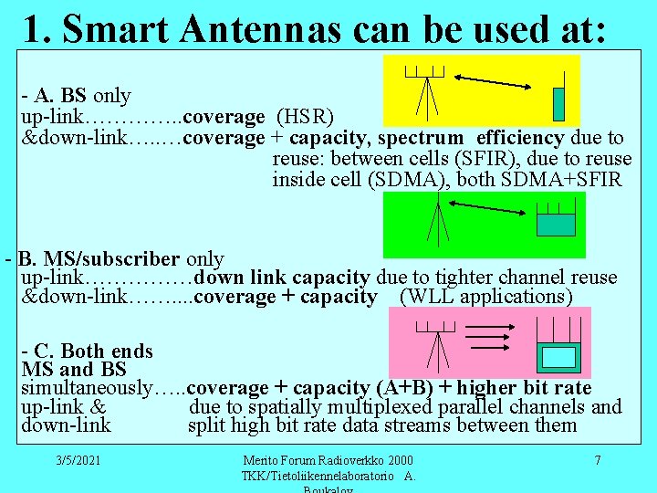 1. Smart Antennas can be used at: - A. BS only up-link…………. . coverage