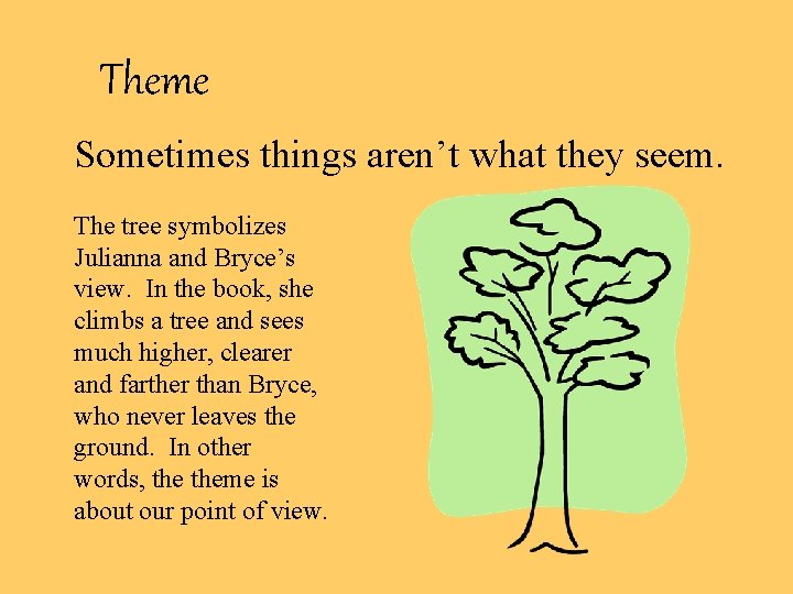 Theme Sometimes things aren’t what they seem. The tree symbolizes Julianna and Bryce’s view.
