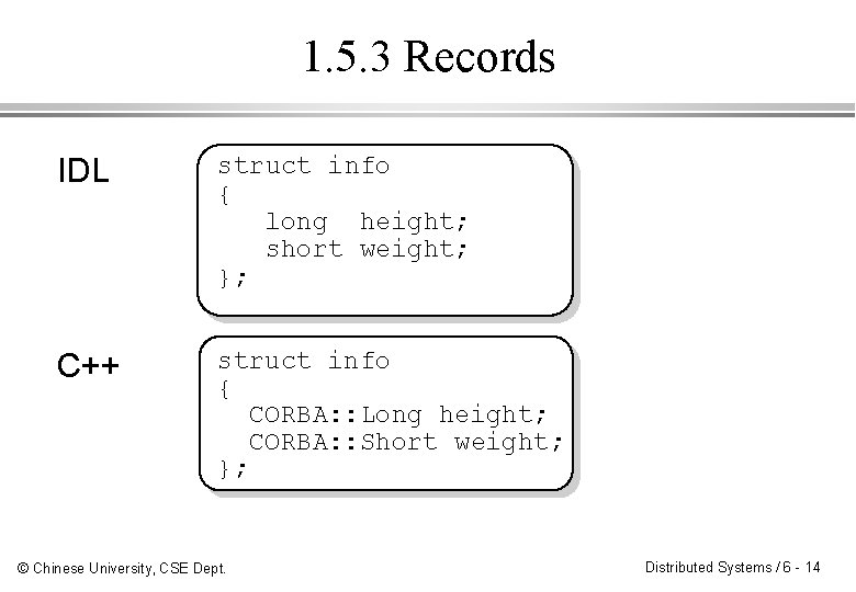 1. 5. 3 Records IDL struct info { long height; short weight; }; C++