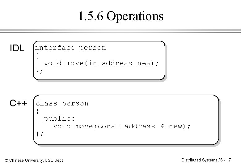 1. 5. 6 Operations IDL interface person { void move(in address new); }; C++