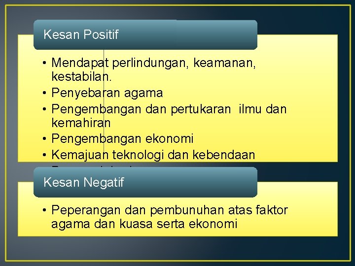 Kesan Positif • Mendapat perlindungan, keamanan, kestabilan. • Penyebaran agama • Pengembangan dan pertukaran