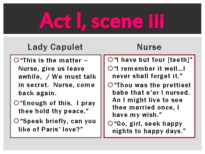 Act I, scene iii Lady Capulet Nurse “This is the matter – Nurse, give