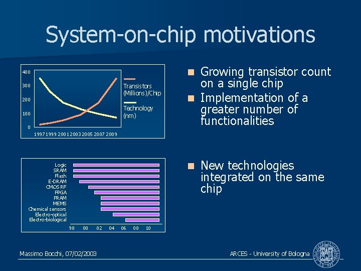 System-on-chip motivations Growing transistor count on a single chip n Implementation of a greater