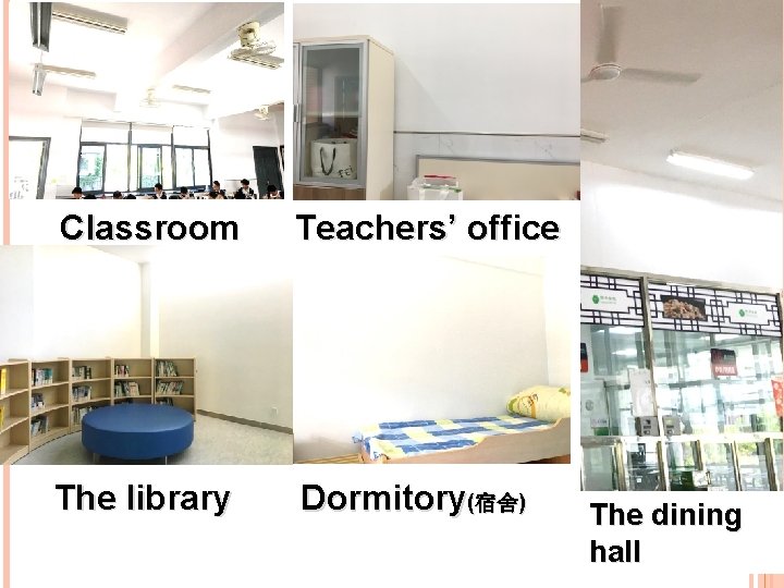 Classroom Teachers’ office The library Dormitory(宿舍) The dining hall 