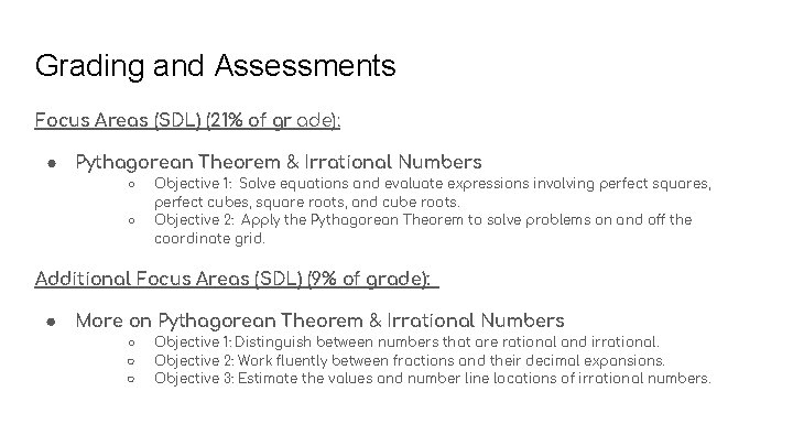 Grading and Assessments Focus Areas (SDL) (21% of gr ade): ● Pythagorean Theorem &
