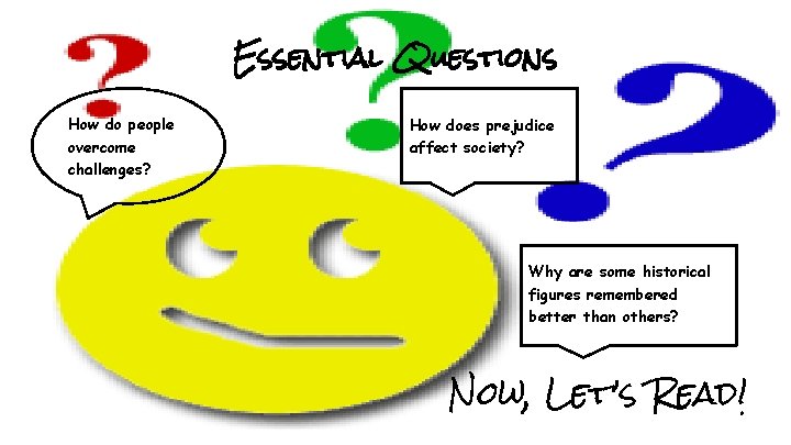 Essential Questions How do people overcome challenges? How does prejudice affect society? Why are