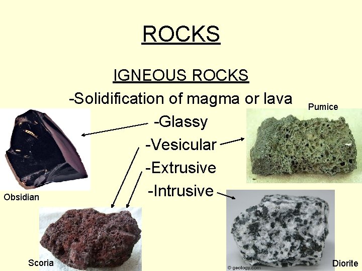 ROCKS Obsidian Scoria IGNEOUS ROCKS -Solidification of magma or lava -Glassy -Vesicular -Extrusive -Intrusive