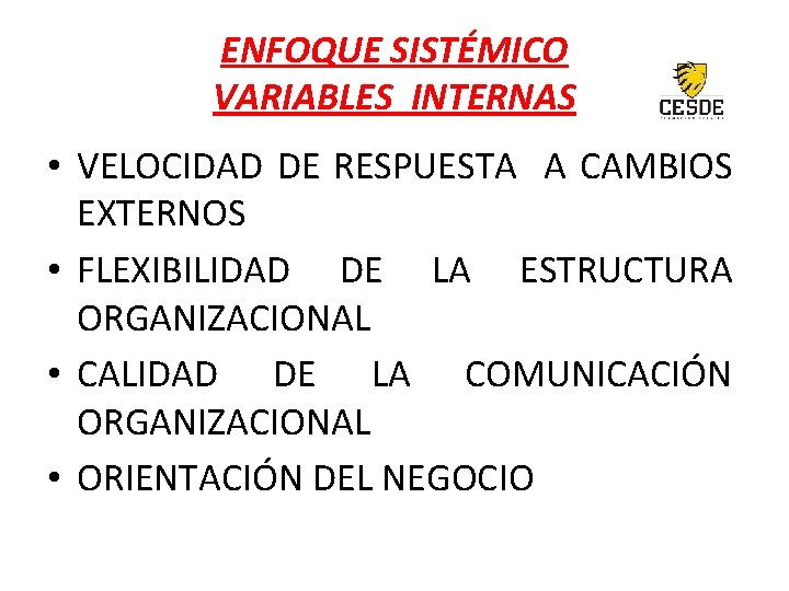 ENFOQUE SISTÉMICO VARIABLES INTERNAS • VELOCIDAD DE RESPUESTA A CAMBIOS EXTERNOS • FLEXIBILIDAD DE