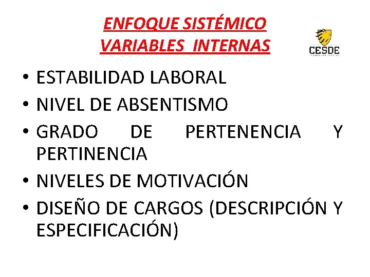 ENFOQUE SISTÉMICO VARIABLES INTERNAS • ESTABILIDAD LABORAL • NIVEL DE ABSENTISMO • GRADO DE