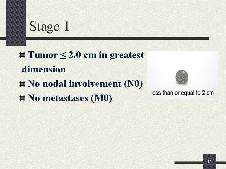 Stage 1 Tumor < 2. 0 cm in greatest dimension No nodal involvement (N