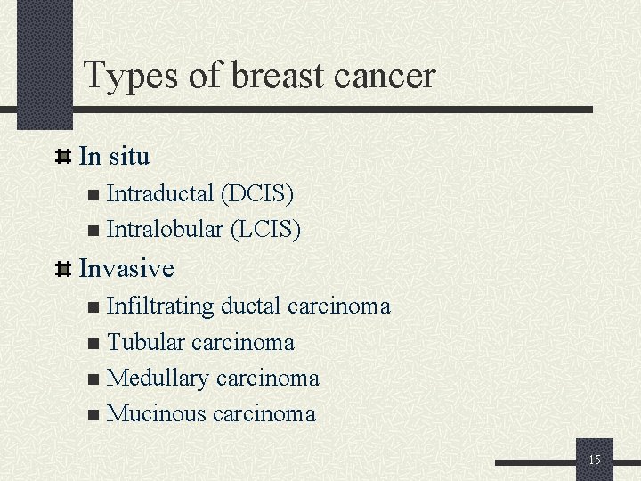 Types of breast cancer In situ Intraductal (DCIS) n Intralobular (LCIS) n Invasive Infiltrating