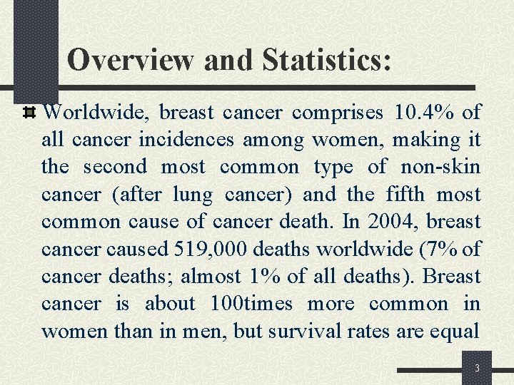 Overview and Statistics: Worldwide, breast cancer comprises 10. 4% of all cancer incidences among