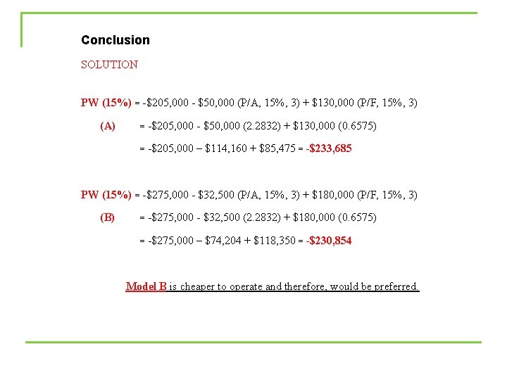 Conclusion SOLUTION PW (15%) = -$205, 000 - $50, 000 (P/A, 15%, 3) +
