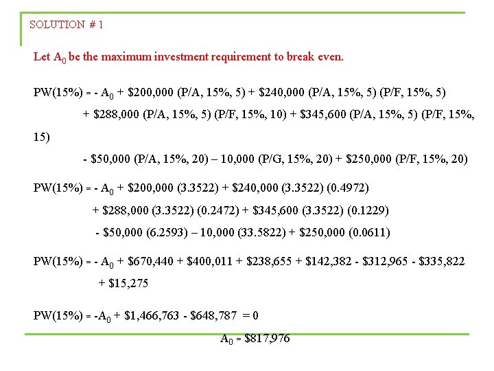 SOLUTION # 1 Let A 0 be the maximum investment requirement to break even.