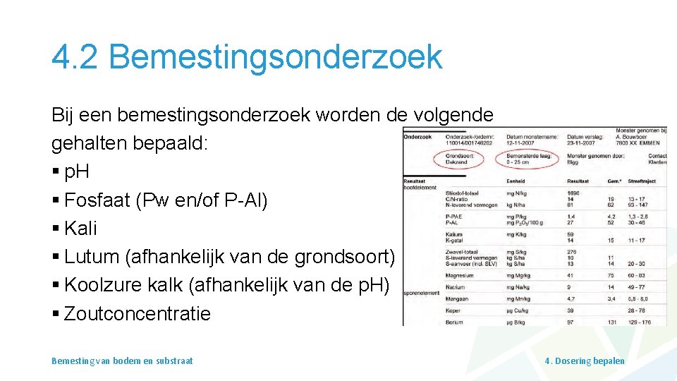 4. 2 Bemestingsonderzoek Bij een bemestingsonderzoek worden de volgende gehalten bepaald: § p. H