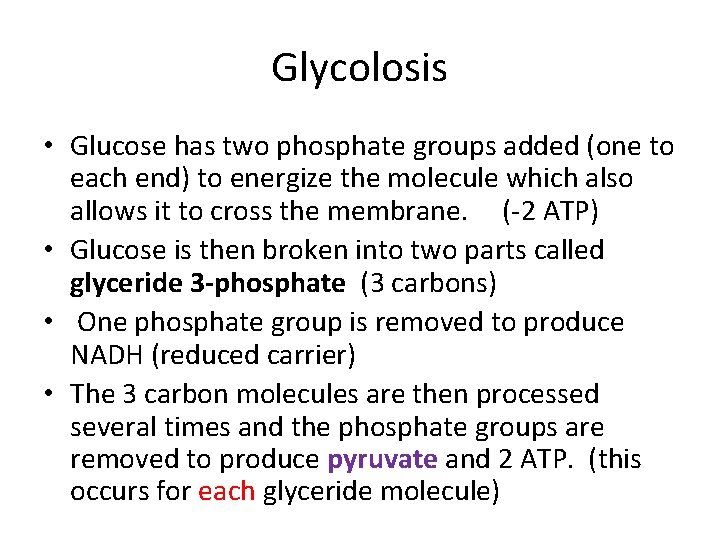 Glycolosis • Glucose has two phosphate groups added (one to each end) to energize