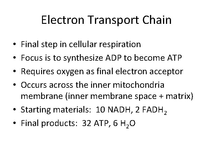 Electron Transport Chain Final step in cellular respiration Focus is to synthesize ADP to