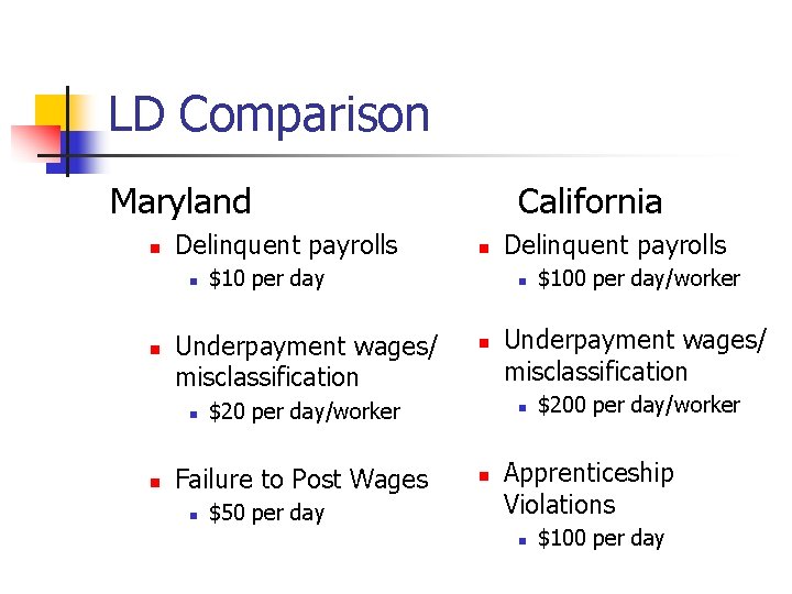 LD Comparison Maryland n Delinquent payrolls n n n $50 per day Delinquent payrolls