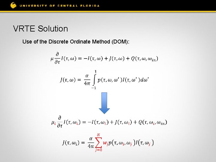 VRTE Solution Use of the Discrete Ordinate Method (DOM): 