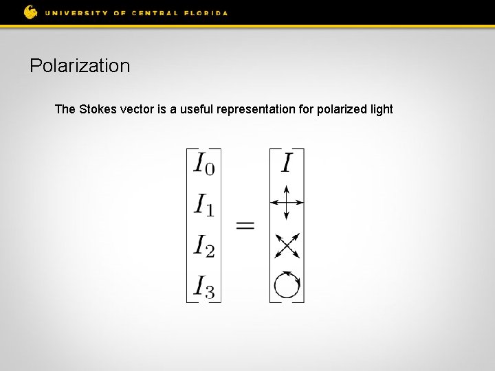 Polarization The Stokes vector is a useful representation for polarized light 