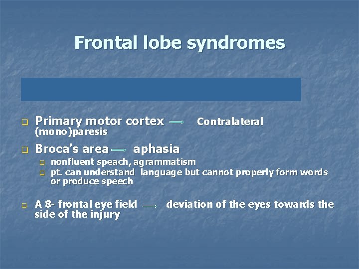Frontal lobe syndromes Impairment of movement (paresis) and/or behavior diturbance q Primary motor cortex