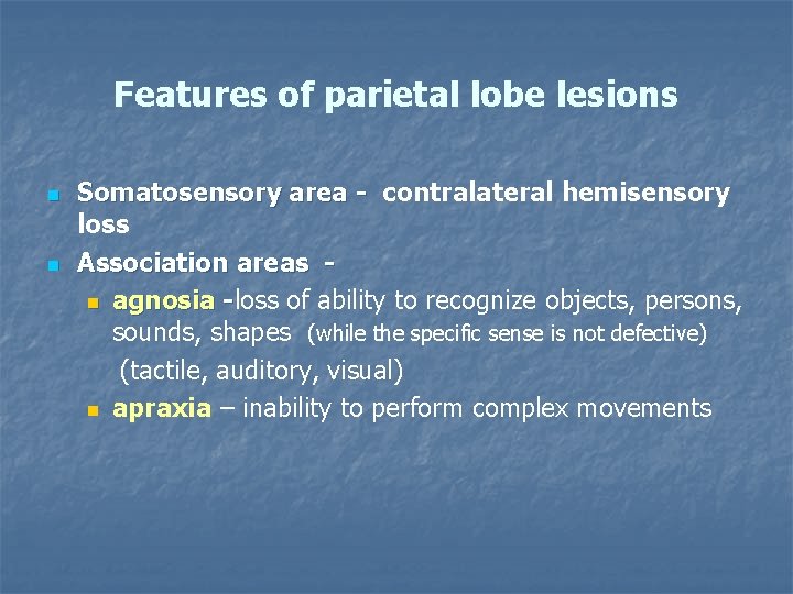Features of parietal lobe lesions n n Somatosensory area - contralateral hemisensory Somatosensory area