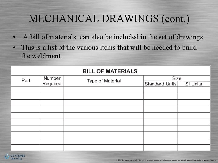 MECHANICAL DRAWINGS (cont. ) • A bill of materials can also be included in