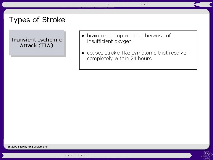 Types of Stroke Transient Ischemic Attack (TIA) • brain cells stop working because of