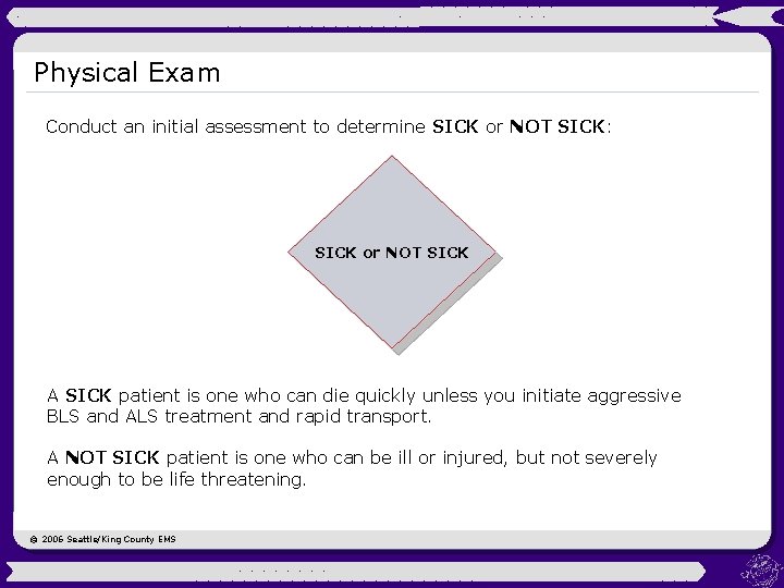 Physical Exam Conduct an initial assessment to determine SICK or NOT SICK: SICK or