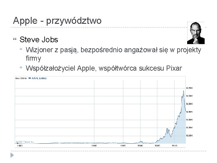 Apple - przywództwo Steve Jobs Wizjoner z pasją, bezpośrednio angażował się w projekty firmy