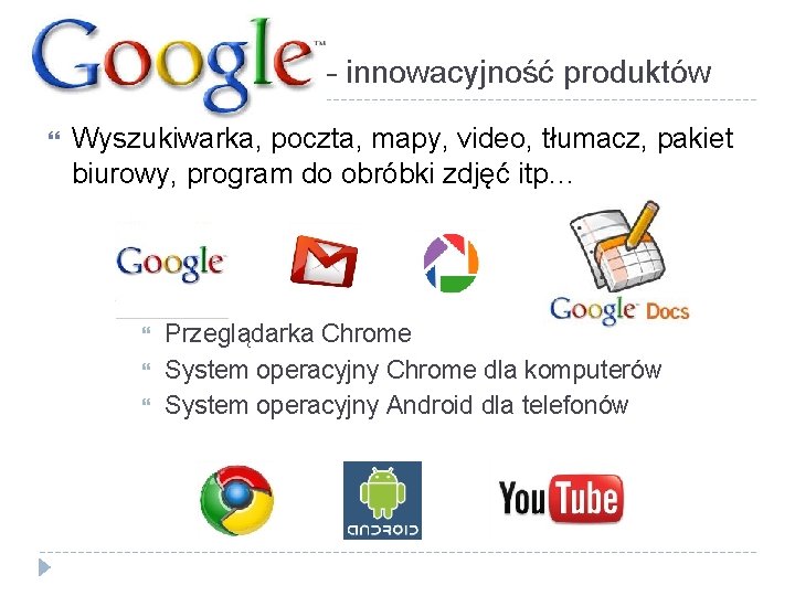 Google – innowacyjność produktów Wyszukiwarka, poczta, mapy, video, tłumacz, pakiet biurowy, program do obróbki