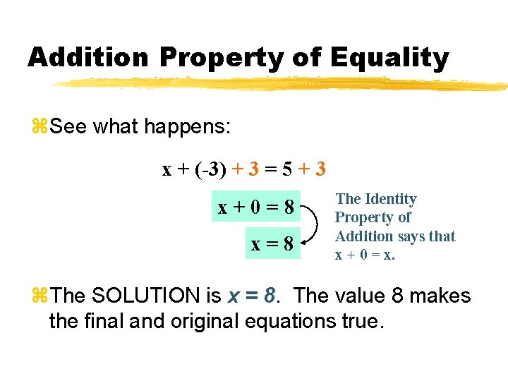 Addition Property of Equality z. See what happens: x + (-3) + 3 =
