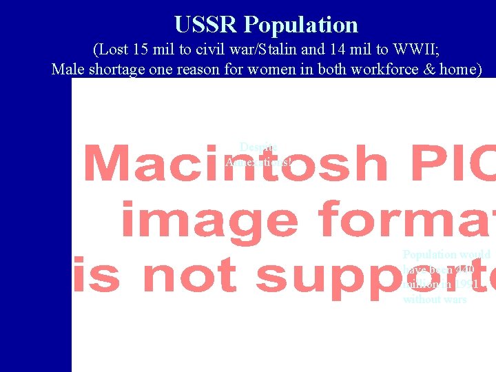 USSR Population (Lost 15 mil to civil war/Stalin and 14 mil to WWII; Male