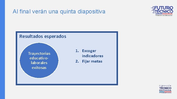 Al final verán una quinta diapositiva Resultados esperados Trayectorias educativolaborales exitosas 1. Escoger indicadores