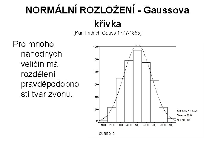 NORMÁLNÍ ROZLOŽENÍ - Gaussova křivka (Karl Fridrich Gauss 1777 -1855) Pro mnoho náhodných veličin