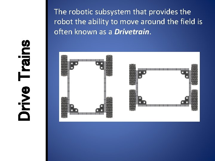 Drive Trains The robotic subsystem that provides the robot the ability to move around